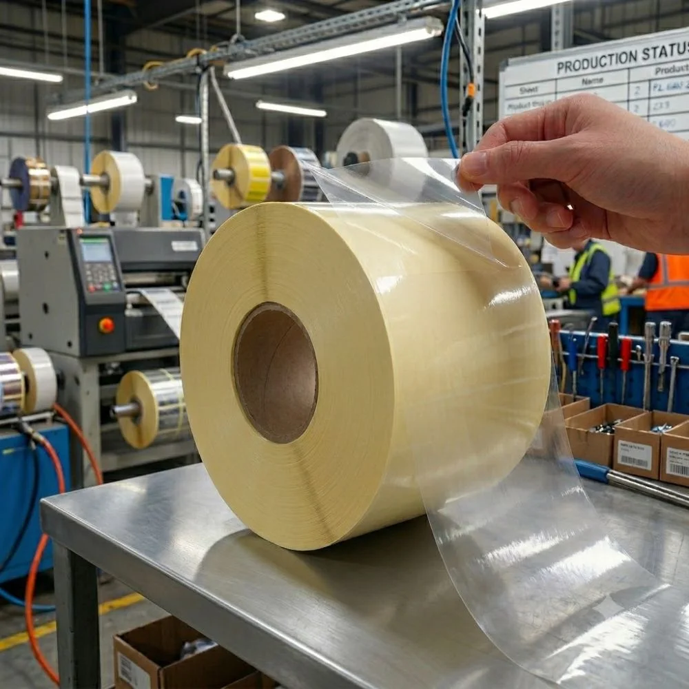 Clear and Transparent Film Labels on a stainless steel table in a factory of self-adhesive labels