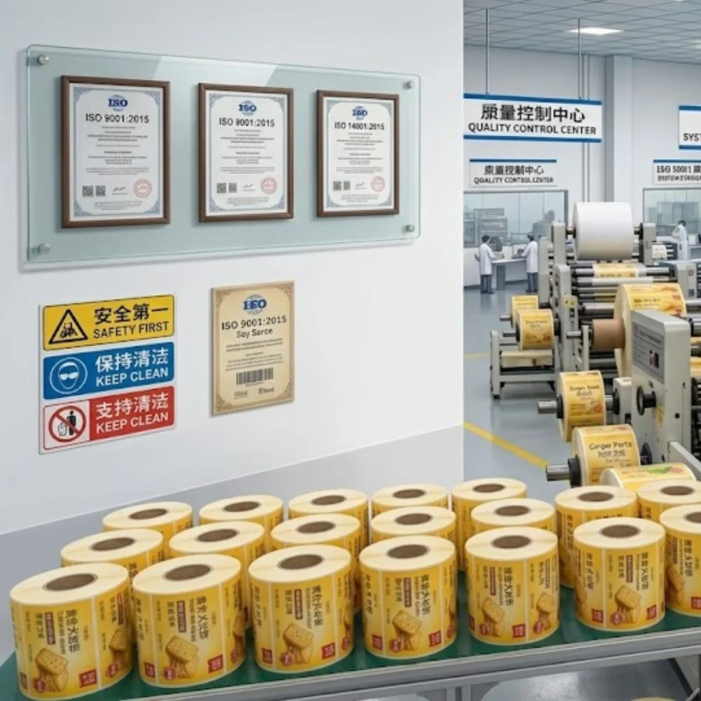  ISO 9001, FSC, and SGS certifications on the wall of chinese label factory in China