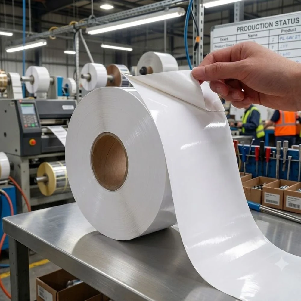 Waterproof and Vinyl Label Paper on a stainless steel table in a factory of self-adhesive labels