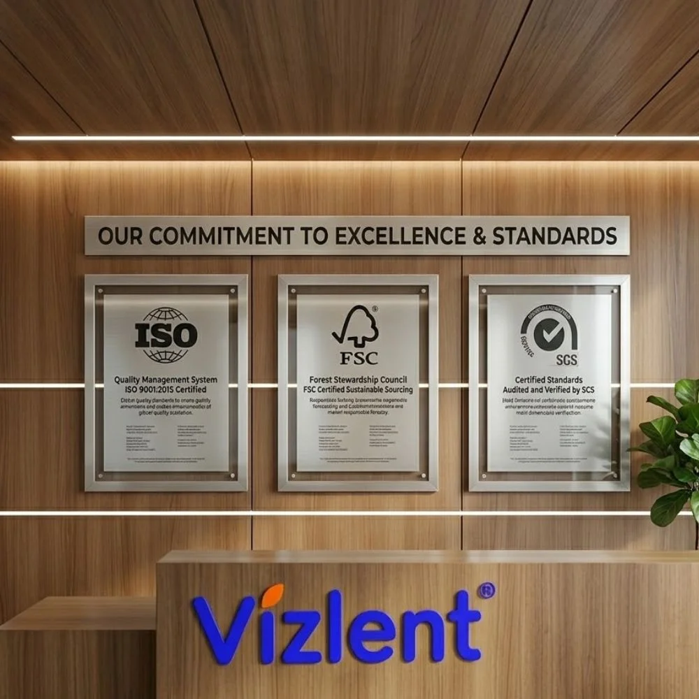 vizlent ISO 9001, FSC, and SGS certifications on the factory office wall