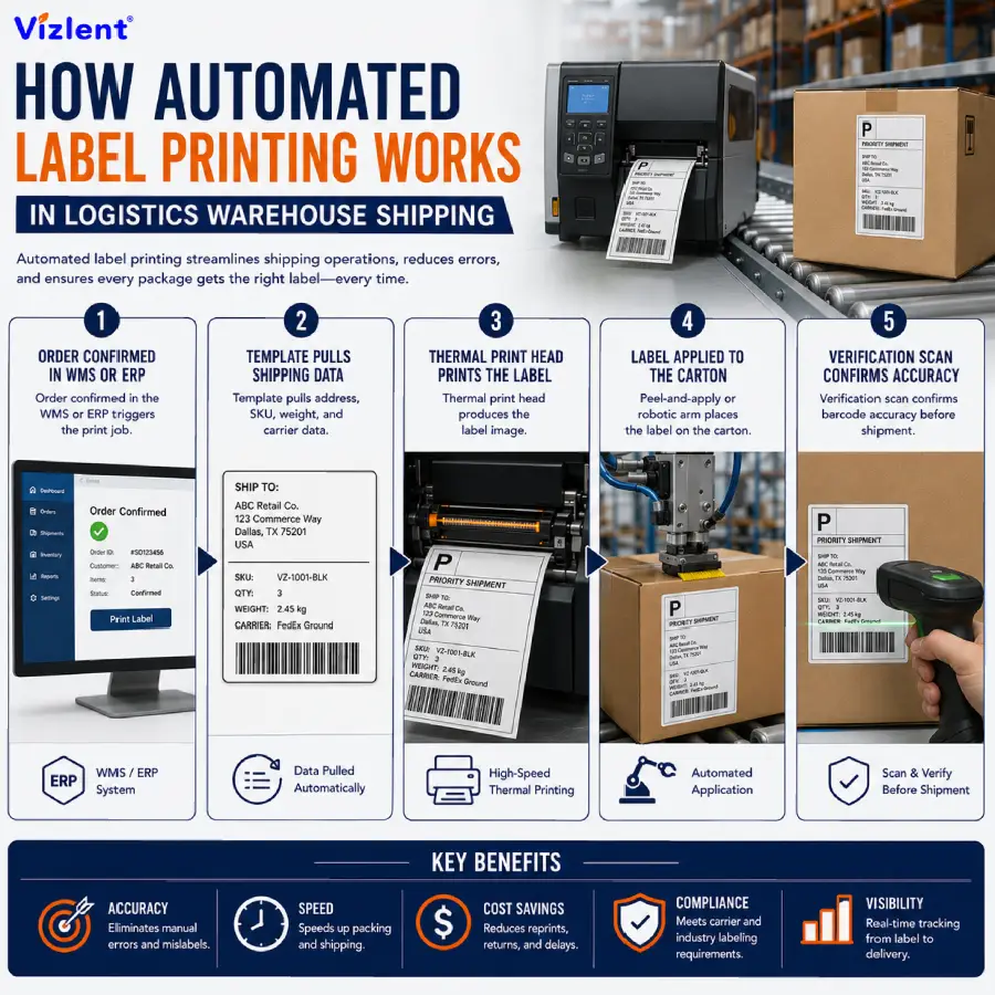 How Automated Label Printing Works in Logistics Warehouse Shipping - Vizlent Label