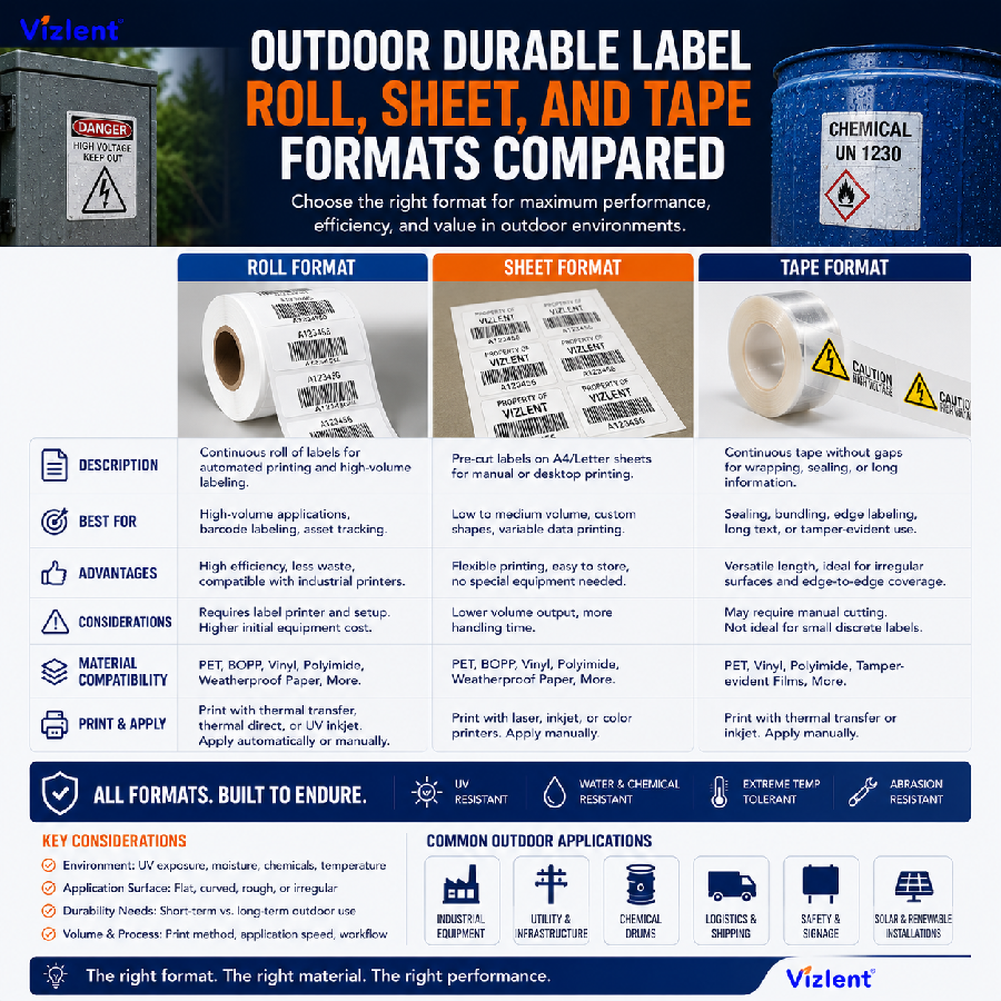 Outdoor Durable Label Roll, Sheet, and Tape Formats Compared - Vizlent Label Materials co., Ltd. 
