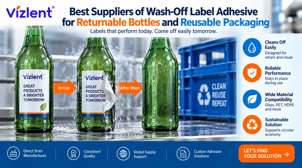 Best Suppliers of Wash-Off Label Adhesive for Returnable Bottles and Reusable Packaging - vizlent label
