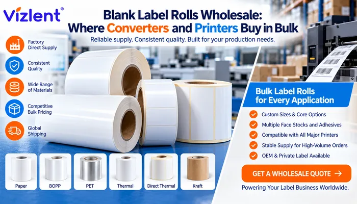 blank label rolls wholesale where converters and printers buy in bulk vizlent label