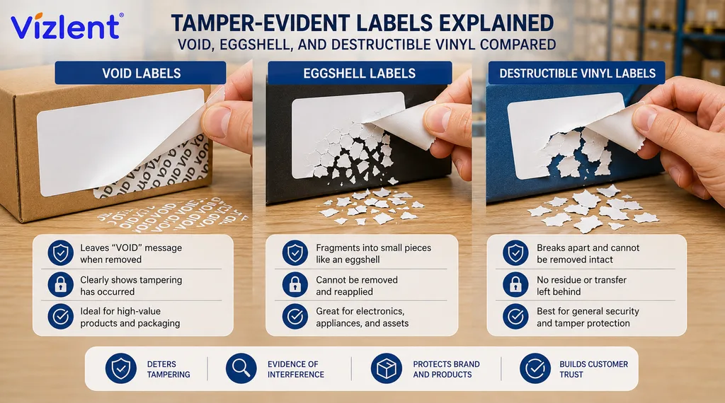 What are Tamper Evident Labels: VOID, Eggshell, and Destructible Vinyl Compared - VIZLENT LABEL